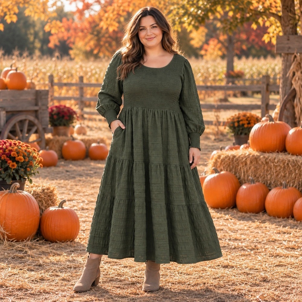 Forest Green Smocked Front Tiered Midi Dress Fall Cottagecore Womens 22-24